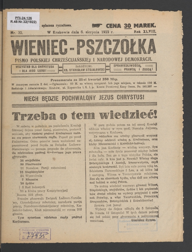 Wieniec-Pszczółka : pismo polskiej chrześcijańskiej i narodowej demokracji. Rok 48, 1922, numer 32