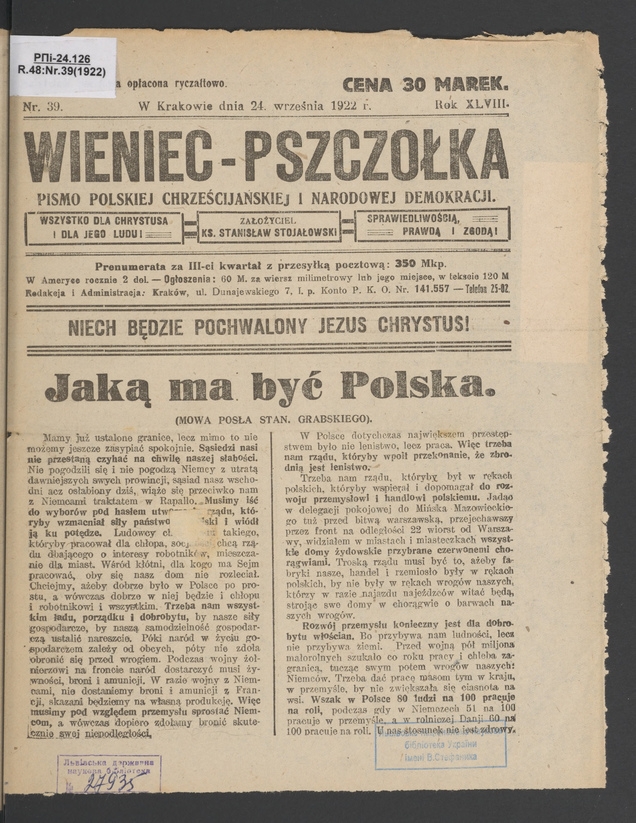 Wieniec-Pszczółka : pismo polskiej chrześcijańskiej i narodowej demokracji. Rok 48, 1922, numer 39