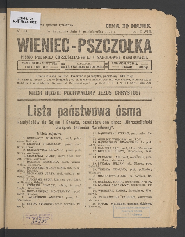 Wieniec-Pszczółka : pismo polskiej chrześcijańskiej i narodowej demokracji. Rok 48, 1922, numer 41