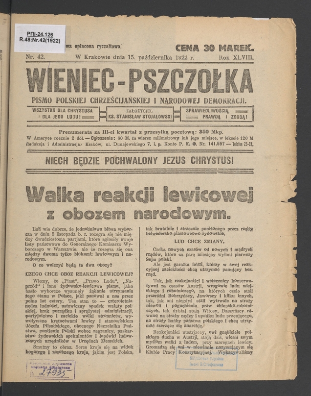 Wieniec-Pszczółka : pismo polskiej chrześcijańskiej i narodowej demokracji. Rok 48, 1922, numer 42