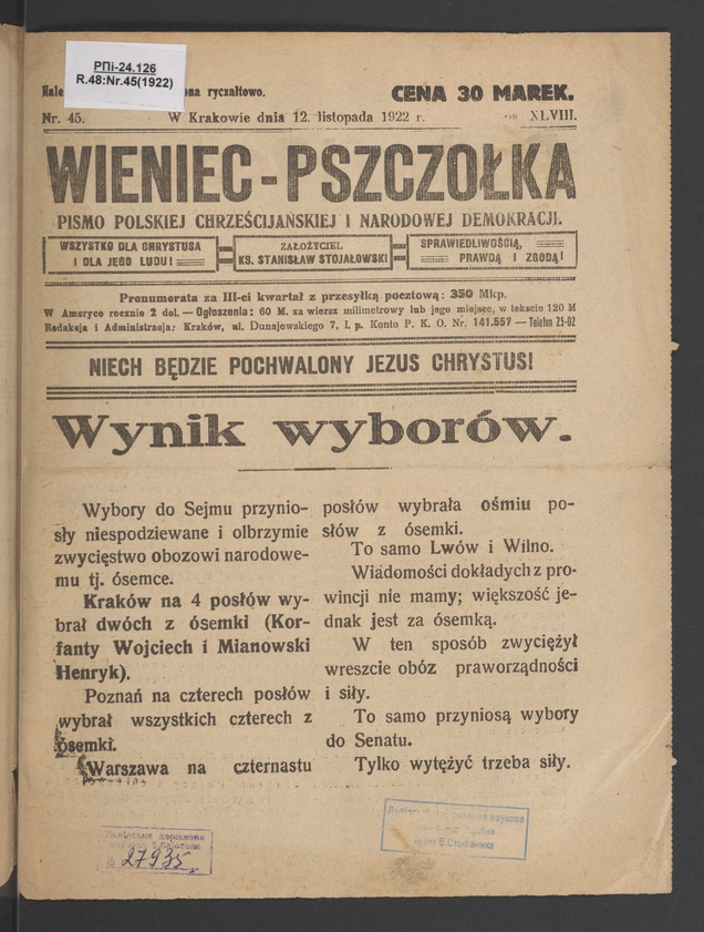 Wieniec-Pszczółka : pismo polskiej chrześcijańskiej i narodowej demokracji. Rok 48, 1922, numer 45