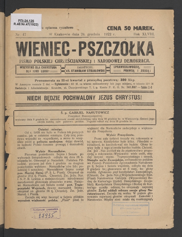 Wieniec-Pszczółka : pismo polskiej chrześcijańskiej i narodowej demokracji. Rok 48, 1922, numer 47