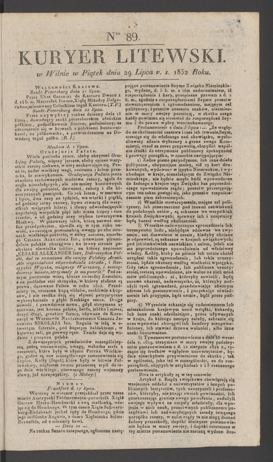 Kuryer Litewski. 1832, numer&nbsp;89