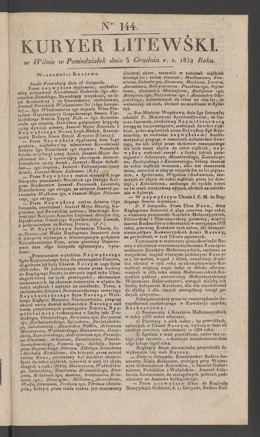 Kuryer Litewski. 1832, numer 144