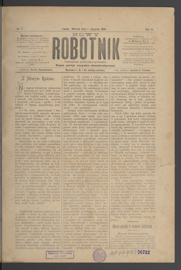 Nowy Robotnik : czasopismo polityczno-społeczne : organ partyi socyalno-demokratycznej. Rok 3, 1895, numer 1