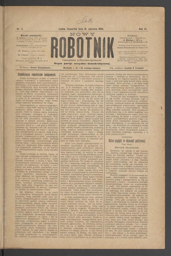 Nowy Robotnik : czasopismo polityczno-społeczne : organ partyi socyalno-demokratycznej. Rok 3, 1895, numer 2