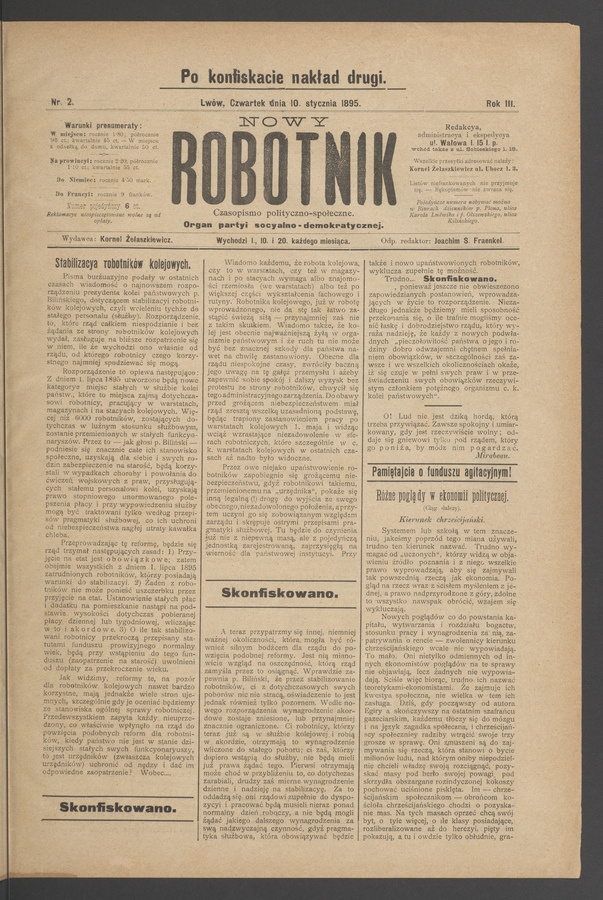 Nowy Robotnik : czasopismo polityczno-społeczne : organ partyi socyalno-demokratycznej. Rok 3, 1895, numer 2 (po konfiskacie nakład drugi)