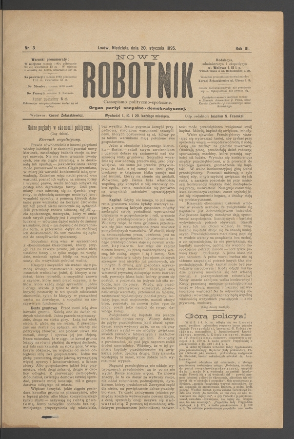 Nowy Robotnik : czasopismo polityczno-społeczne : organ partyi socyalno-demokratycznej. Rok 3, 1895, numer 3
