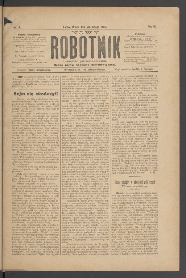Nowy Robotnik : czasopismo polityczno-społeczne : organ partyi socyalno-demokratycznej. Rok 3, 1895, numer 6