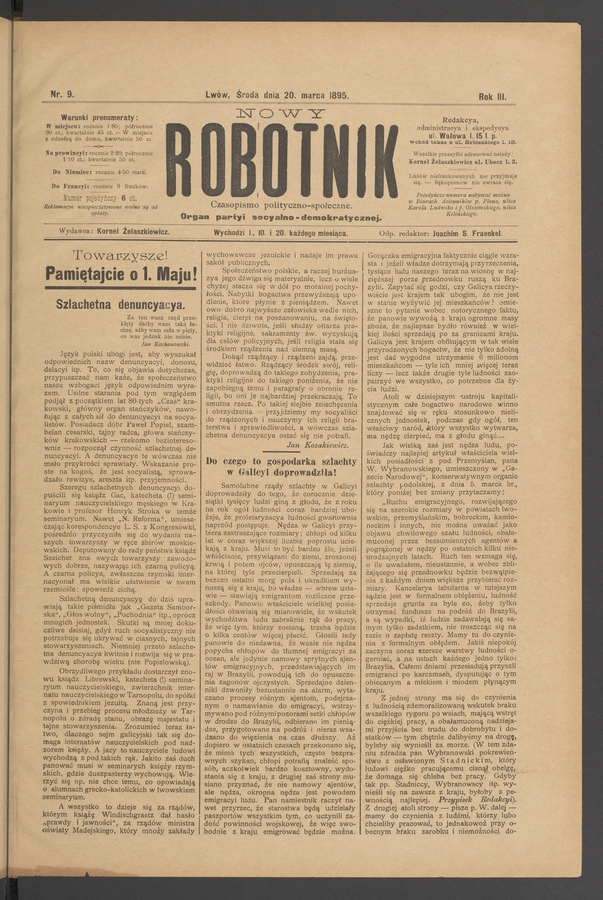 Nowy Robotnik : czasopismo polityczno-społeczne : organ partyi socyalno-demokratycznej. Rok 3, 1895, numer 9