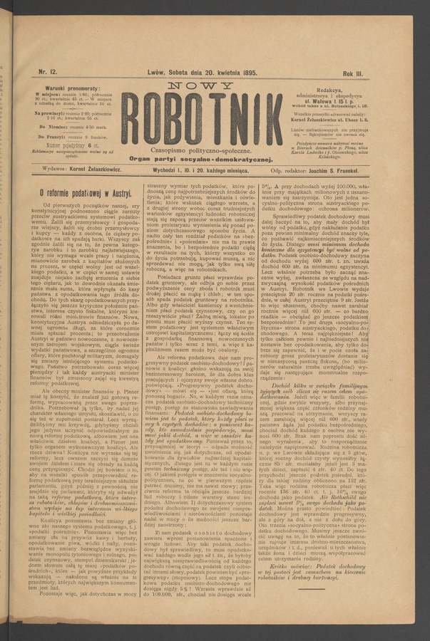 Nowy Robotnik : czasopismo polityczno-społeczne : organ partyi socyalno-demokratycznej. Rok 3, 1895, numer 12