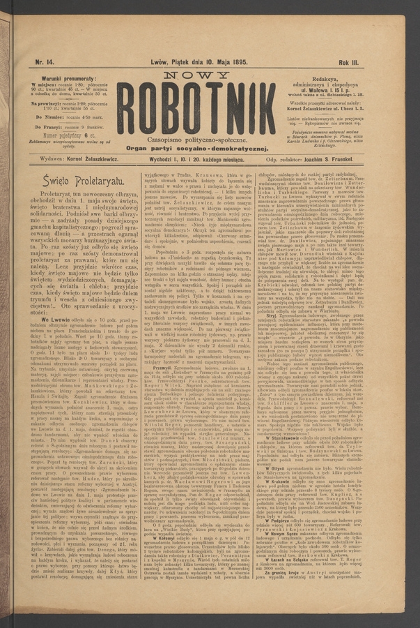 Nowy Robotnik : czasopismo polityczno-społeczne : organ partyi socyalno-demokratycznej. Rok 3, 1895, numer 14