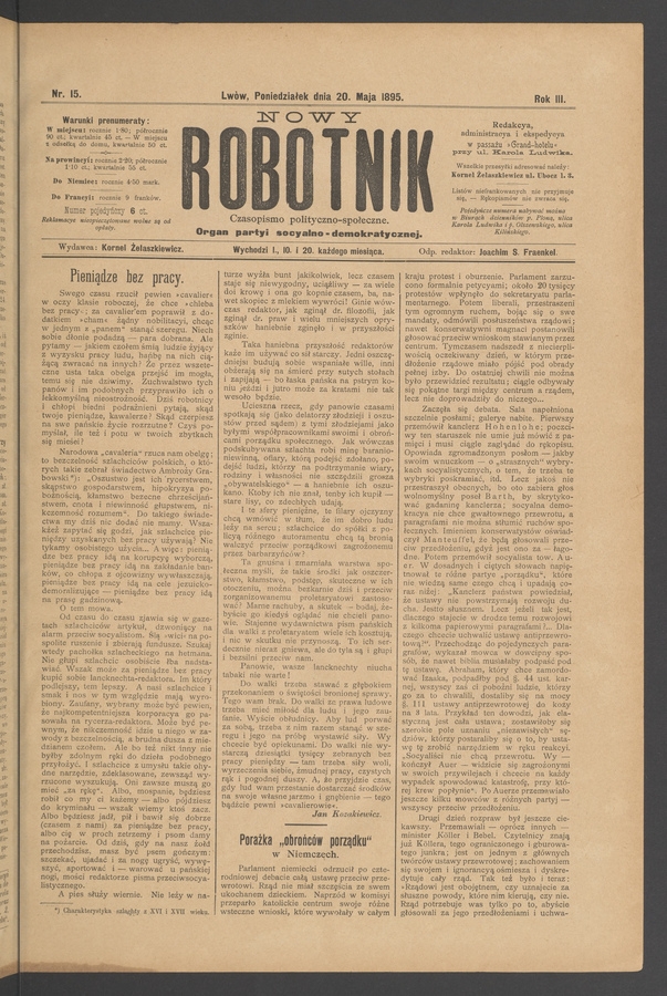 Nowy Robotnik : czasopismo polityczno-społeczne : organ partyi socyalno-demokratycznej. Rok 3, 1895, numer 15