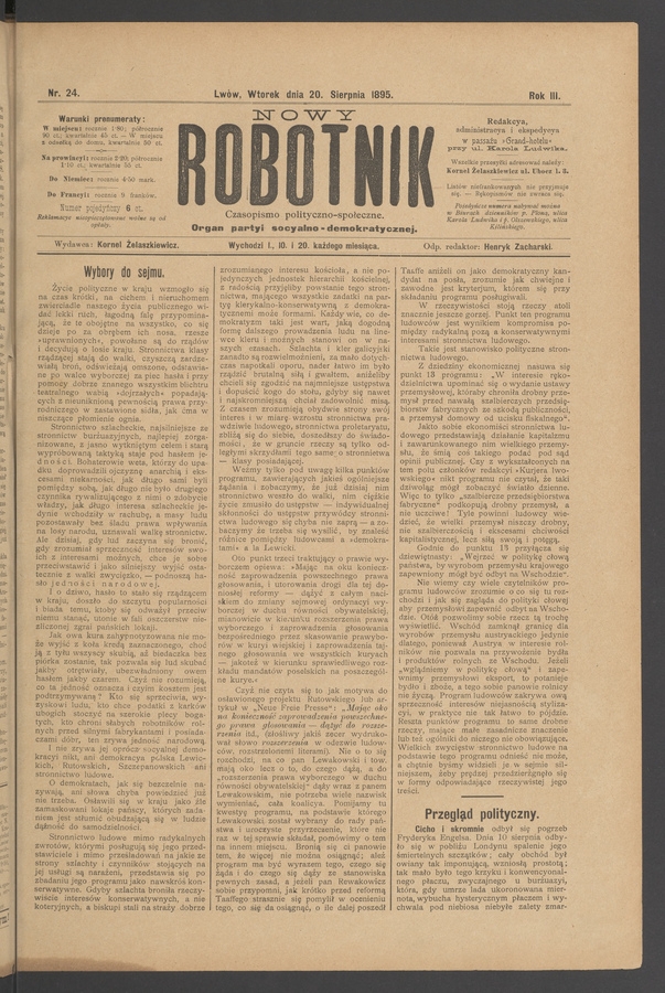 Nowy Robotnik : czasopismo polityczno-społeczne : organ partyi socyalno-demokratycznej. Rok 3, 1895, numer 24