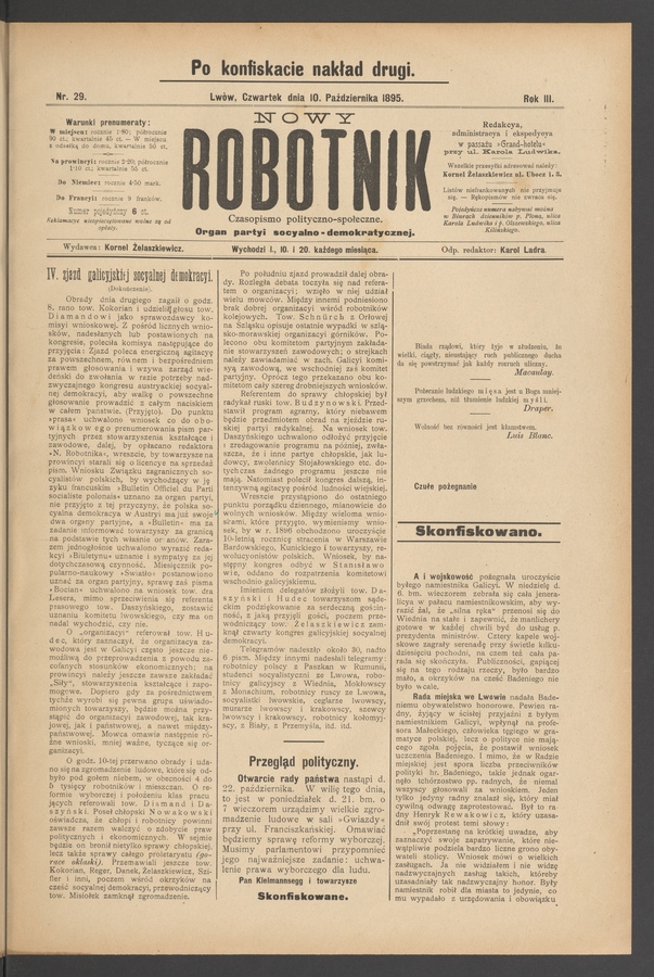 Nowy Robotnik : czasopismo polityczno-społeczne : organ partyi socyalno-demokratycznej. Rok 3, 1895, numer 29 (po konfiskacie nakład drugi)