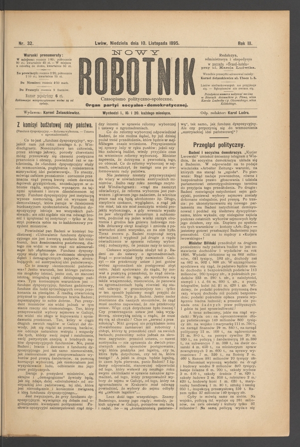 Nowy Robotnik : czasopismo polityczno-społeczne : organ partyi socyalno-demokratycznej. Rok 3, 1895, numer 32