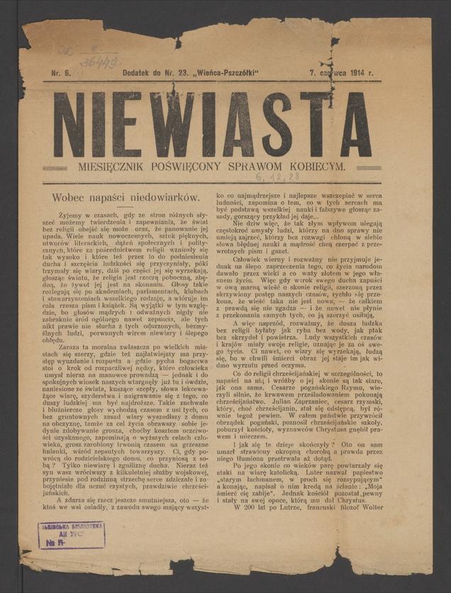Niewiasta : miesięcznik poświęcony sprawom kobiecym&nbsp;: dodatek do&nbsp;numeru&nbsp;23 &bdquo;Wieńca-Pszcz&oacute;łki&rdquo;. Rok&nbsp;14, 1914, numer&nbsp;6