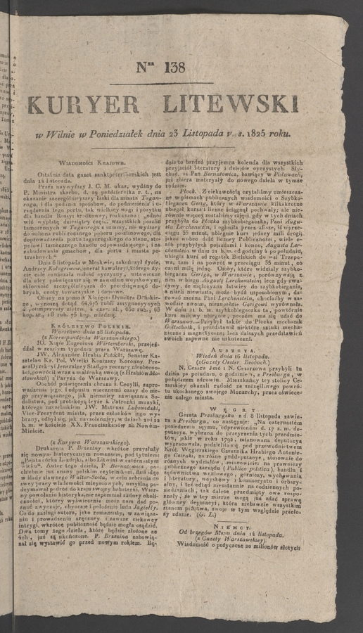Kuryer Litewski. 1825, numer 138