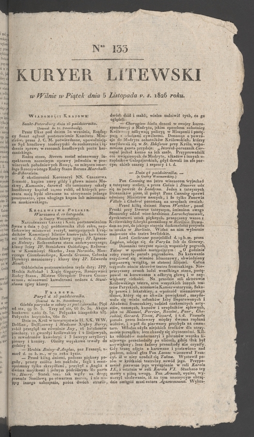 Kuryer Litewski. 1826, numer 133