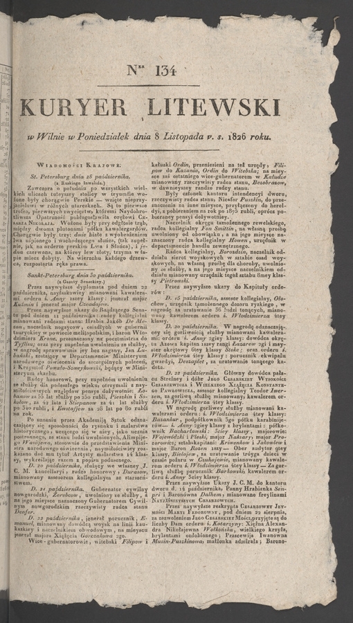 Kuryer Litewski. 1826, numer&nbsp;134