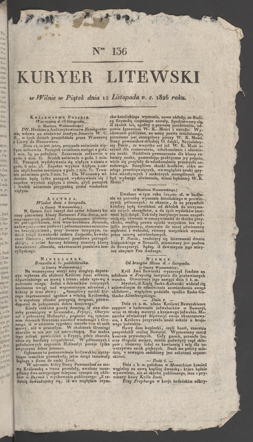 Kuryer Litewski. 1826, numer 136