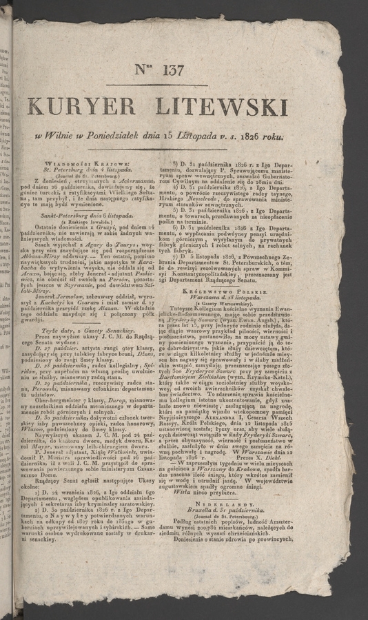 Kuryer Litewski. 1826, numer&nbsp;137