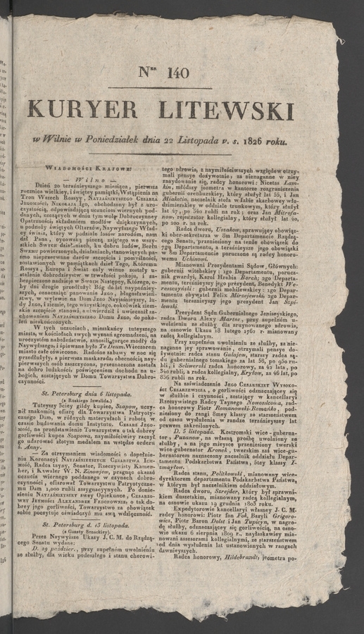 Kuryer Litewski. 1826, numer 140
