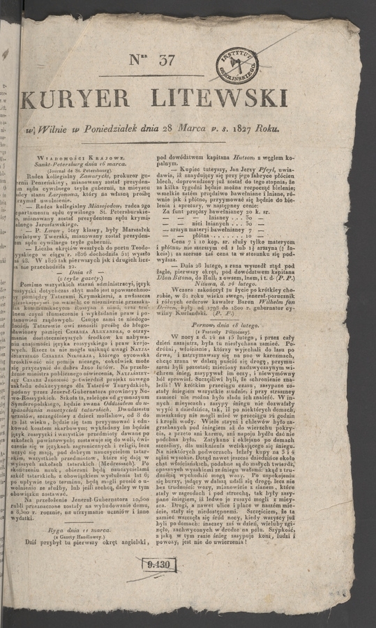 Kuryer Litewski. 1827, numer 37