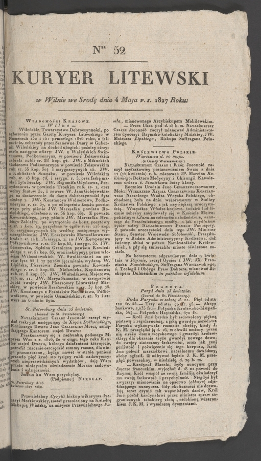 Kuryer Litewski. 1827, numer 52