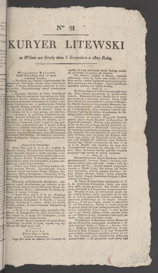 Kuryer Litewski. 1827, numer 91