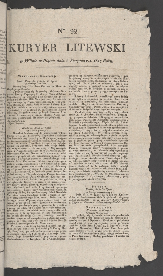 Kuryer Litewski. 1827, numer 92