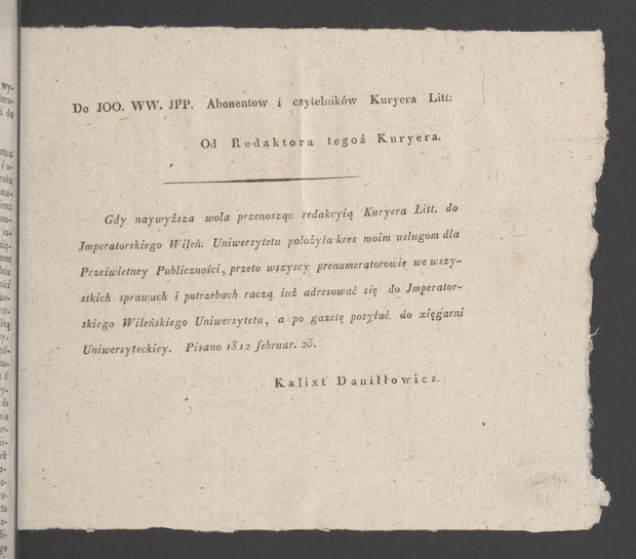 Do JOO. WW. JPP. Abonentow i czytelników Kuryera Litt: Od Redaktora tegoż Kuryera