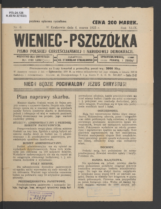 Wieniec-Pszcz&oacute;łka&nbsp;: pismo polskiej chrześcijańskiej i&nbsp;narodowej demokracji. Rok&nbsp;49, 1923, numer&nbsp;6