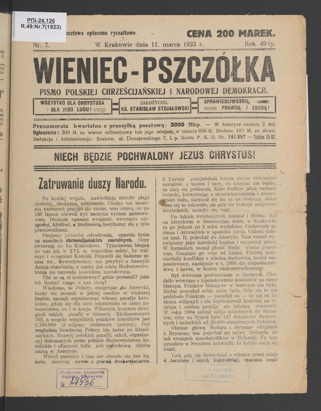 Wieniec-Pszcz&oacute;łka&nbsp;: pismo polskiej chrześcijańskiej i&nbsp;narodowej demokracji. Rok&nbsp;49, 1923, numer&nbsp;7