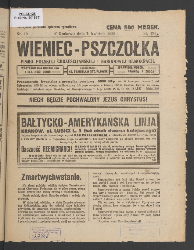 Wieniec-Pszcz&oacute;łka&nbsp;: pismo polskiej chrześcijańskiej i&nbsp;narodowej demokracji. Rok&nbsp;49, 1923, numer&nbsp;10