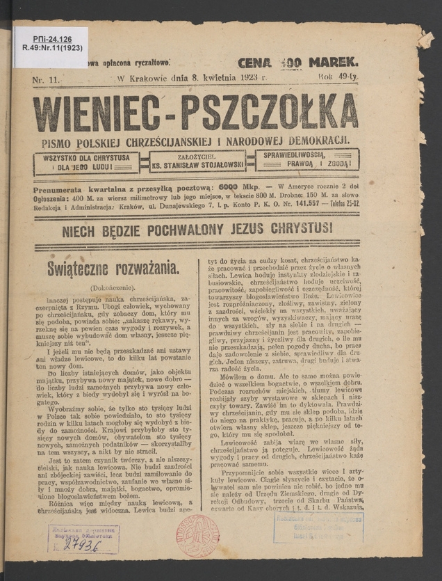 Wieniec-Pszcz&oacute;łka&nbsp;: pismo polskiej chrześcijańskiej i&nbsp;narodowej demokracji. Rok&nbsp;49, 1923, numer&nbsp;11
