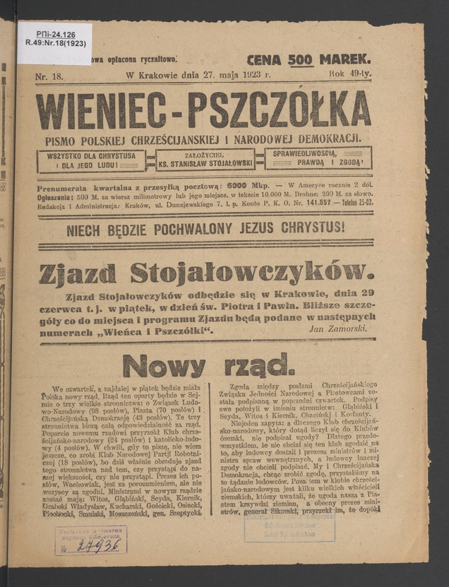 Wieniec-Pszcz&oacute;łka&nbsp;: pismo polskiej chrześcijańskiej i&nbsp;narodowej demokracji. Rok&nbsp;49, 1923, numer&nbsp;18