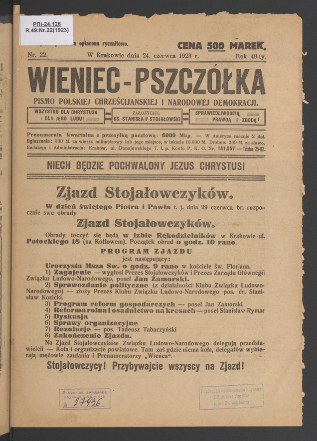 Wieniec-Pszcz&oacute;łka&nbsp;: pismo polskiej chrześcijańskiej i&nbsp;narodowej demokracji. Rok&nbsp;49, 1923, numer&nbsp;22