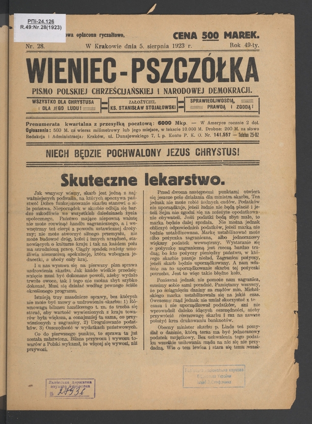 Wieniec-Pszcz&oacute;łka&nbsp;: pismo polskiej chrześcijańskiej i&nbsp;narodowej demokracji. Rok&nbsp;49, 1923, numer&nbsp;28
