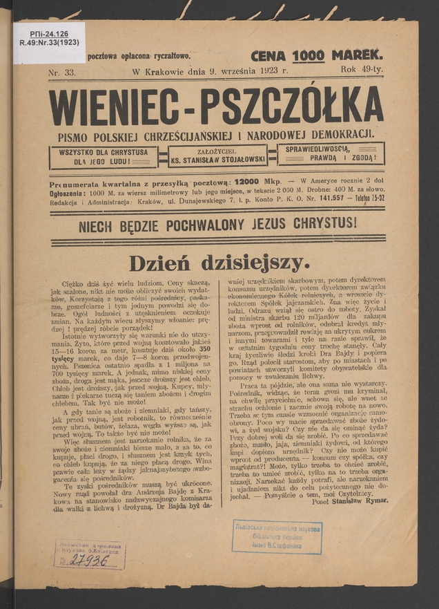 Wieniec-Pszcz&oacute;łka&nbsp;: pismo polskiej chrześcijańskiej i&nbsp;narodowej demokracji. Rok&nbsp;49, 1923, numer&nbsp;33