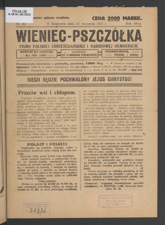 Wieniec-Pszcz&oacute;łka&nbsp;: pismo polskiej chrześcijańskiej i&nbsp;narodowej demokracji. Rok&nbsp;49, 1923, numer&nbsp;35