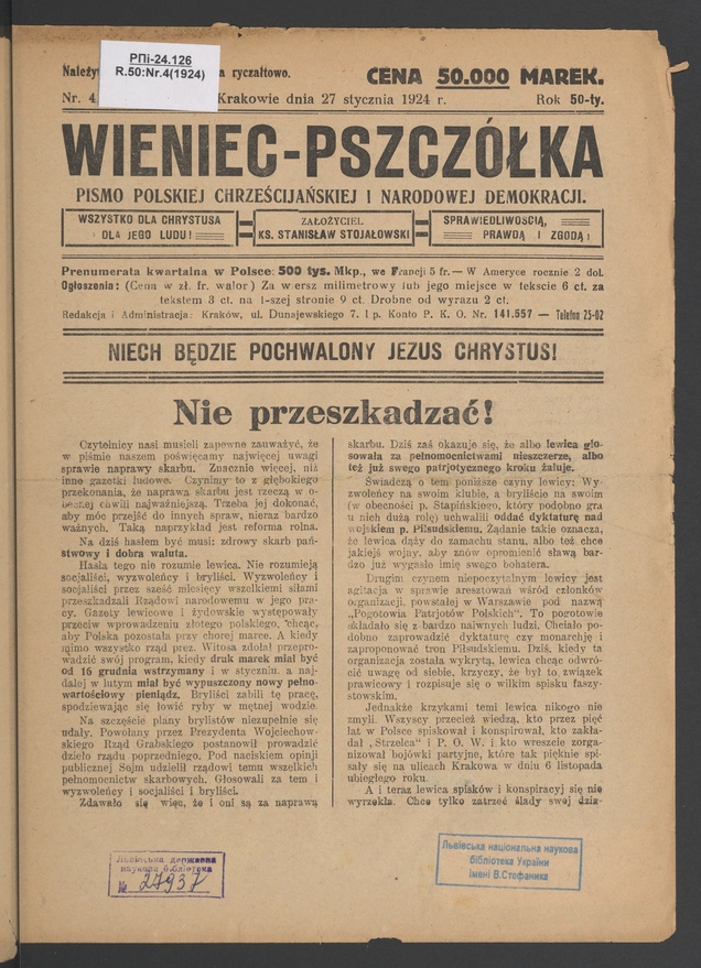 Wieniec-Pszczółka : pismo polskiej chrześcijańskiej i narodowej demokracji. Rok 50, 1924, numer 4