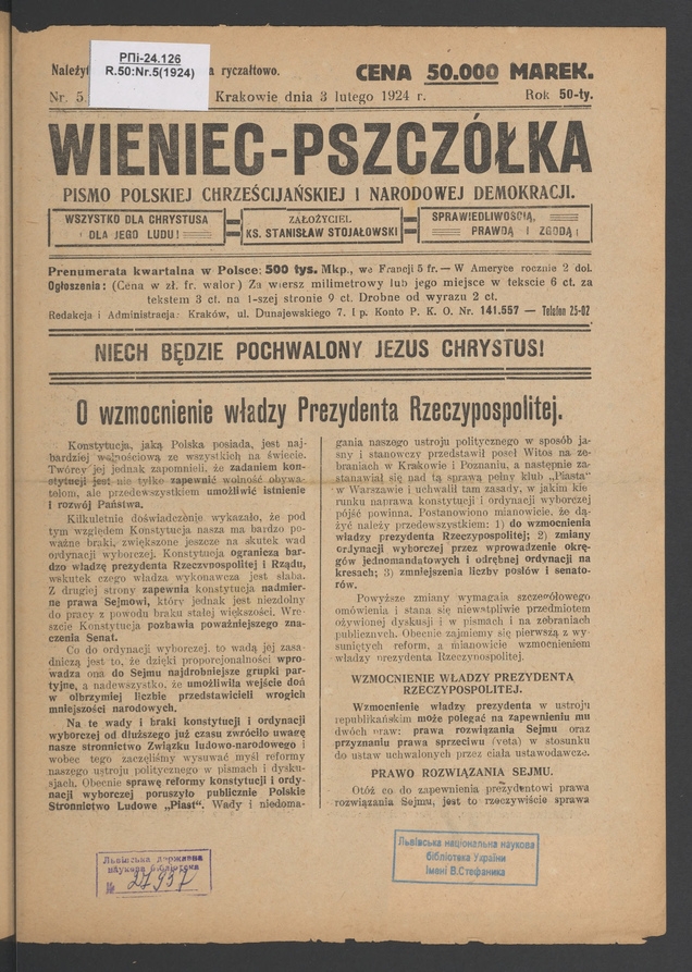 Wieniec-Pszcz&oacute;łka&nbsp;: pismo polskiej chrześcijańskiej i&nbsp;narodowej demokracji. Rok&nbsp;50, 1924, numer&nbsp;5