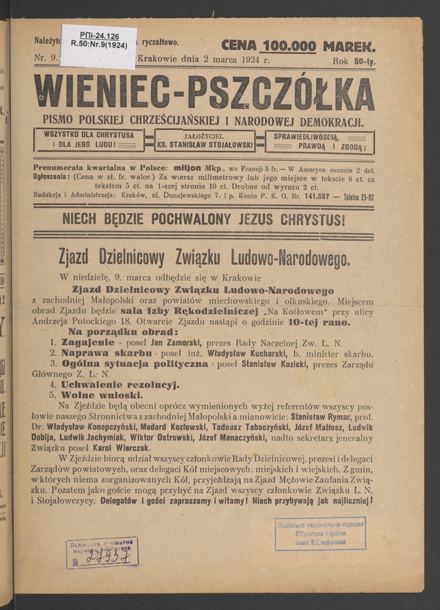 Wieniec-Pszczółka : pismo polskiej chrześcijańskiej i narodowej demokracji. Rok 50, 1924, numer 9