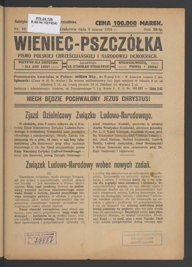 Wieniec-Pszczółka : pismo polskiej chrześcijańskiej i narodowej demokracji. Rok 50, 1924, numer 10