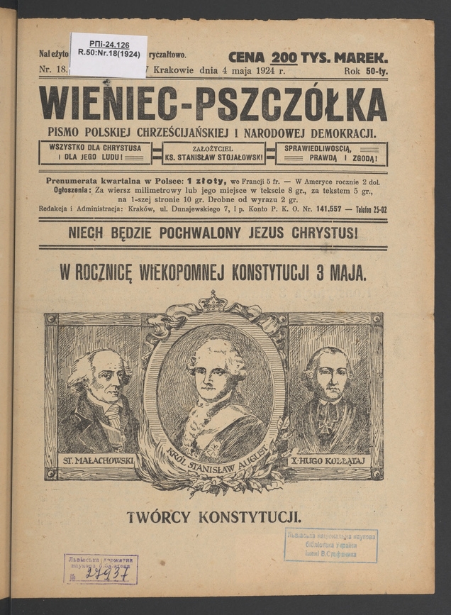 Wieniec-Pszczółka : pismo polskiej chrześcijańskiej i narodowej demokracji. Rok 50, 1924, numer 18