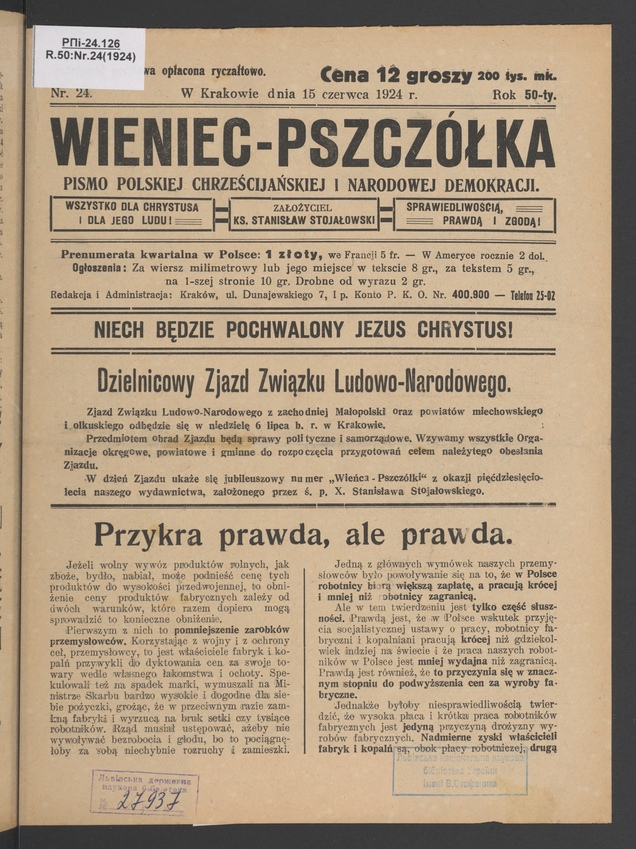 Wieniec-Pszczółka : pismo polskiej chrześcijańskiej i narodowej demokracji. Rok 50, 1924, numer 24
