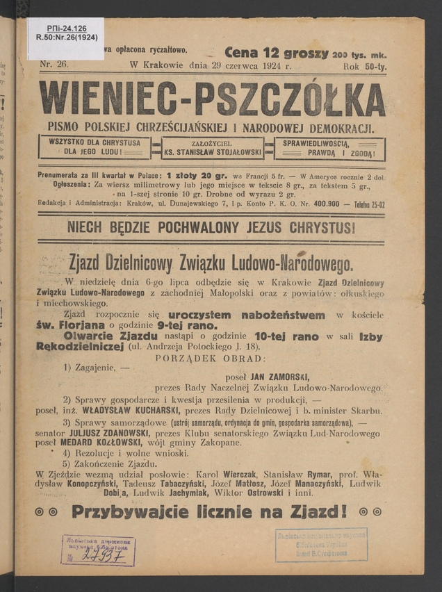 Wieniec-Pszczółka : pismo polskiej chrześcijańskiej i narodowej demokracji. Rok 50, 1924, numer 26