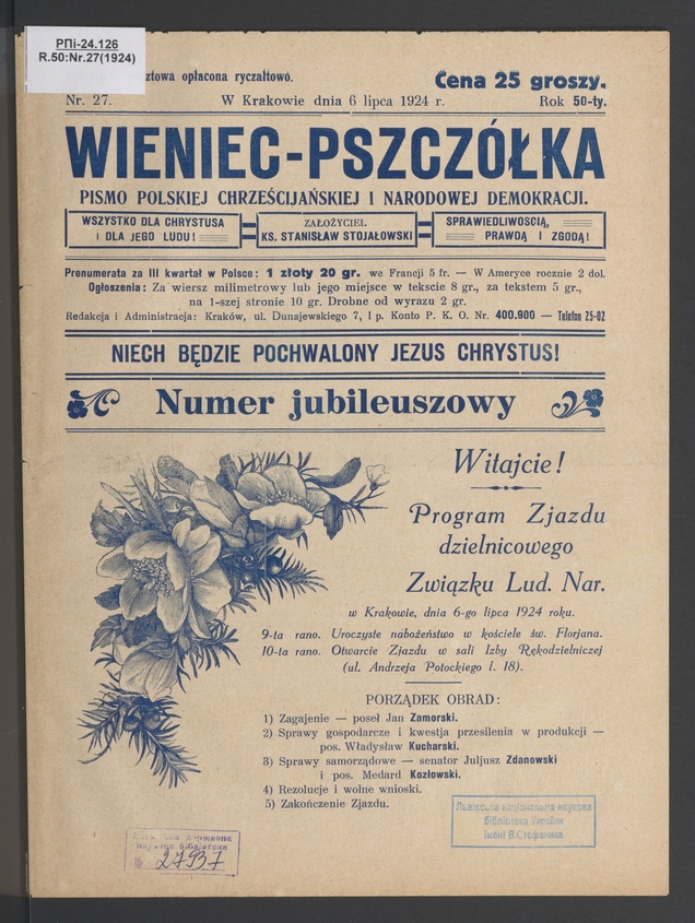 Wieniec-Pszczółka : pismo polskiej chrześcijańskiej i narodowej demokracji. Rok 50, 1924, numer 27