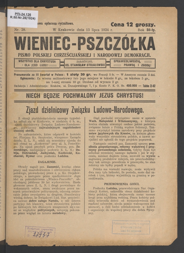 Wieniec-Pszczółka : pismo polskiej chrześcijańskiej i narodowej demokracji. Rok 50, 1924, numer 28